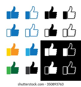 thumbs up or like hand vector icon set in many colors for social media websites and mobile apps.
