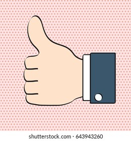 Thumbs up like icon for social networking pop art retro comic style on dot background. Hand draw vector illustration.