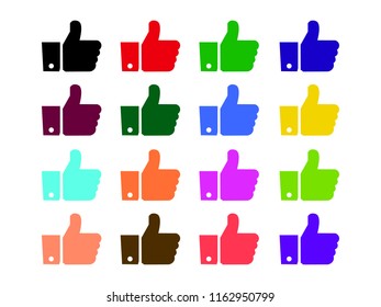 Thumbs up like icons color set for social network web app like. Symbol hand with thumb up. Vector illustration