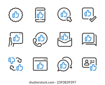 Thumbs up y Like line iconos. Juego de iconos de resumen de comentarios y clasificación.