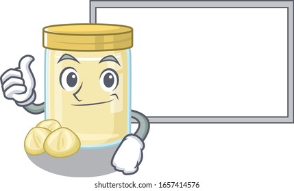 Thumbs up of macadamia nut butter cartoon design having a board
