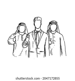 Thumbup	un hombre y dos hombres detrás de él vistiendo un turbante, los tres levantaron sus pulgares correctos.	Ilustración vectorial de boceto retro vintage. Estilo de grabado. negro aislado sobre fondo blanco. vector 