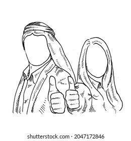 Thumbs up	man and woman raising their thumbs.	Retro vintage sketch vector illustration. Engraving style. black isolated on white background. vector draw graphic design illustration sketch.