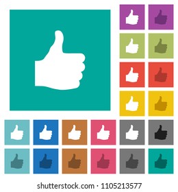 Thumbs up multi colored flat icons on plain square backgrounds. Included white and darker icon variations for hover or active effects.