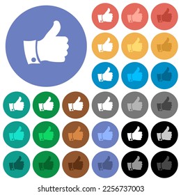 Thumbs up multi colored flat icons on round backgrounds. Included white, light and dark icon variations for hover and active status effects, and bonus shades.