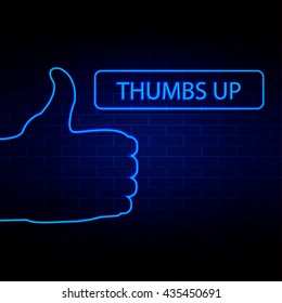 Thumbs up neon style on brick wall vector illustration