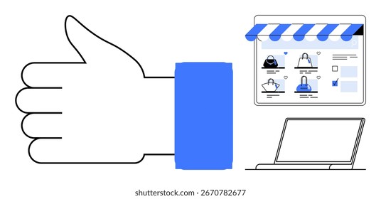 Polegar para cima ao lado de uma loja on-line com vários produtos em exibição e um notebook. Ideal para e-commerce, compras on-line, marketing digital, design de site, comentários de clientes, revisões de negócios