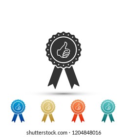 Thumbs up on medal badge with ribbons icon isolated on white background. Set elements in colored icons. Flat design. Vector Illustration