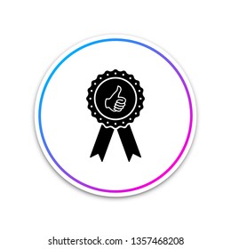 Thumbs up on medal badge with ribbons icon isolated on white background. Circle white button. Vector Illustration