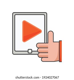 thumbs up on smartphone with play icon. mobile entertainment illustration. Flat vector icon. can use for, icon design element,ui, web, mobile app.