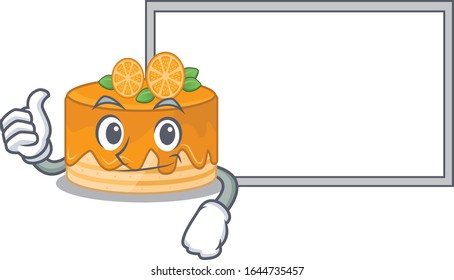 Thumbs up of orange cake cartoon design having a board