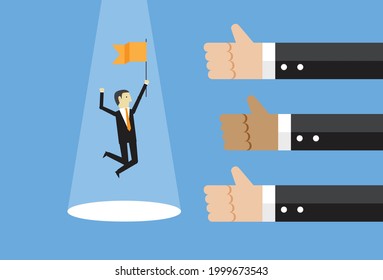 Thumbs up for outstanding employees shine a light, Vector illustration design concept in flat style