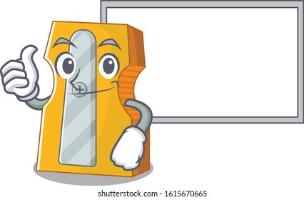 Thumbs up of pencil sharpener cartoon design with board