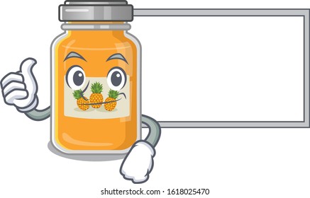 Thumbs up of pineapple jam cartoon design with board