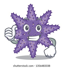 Thumbs up purple starfish above cartoon coral reef