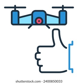 Thumbs Up and Quadcopter vector I Love Drones concept colored icon or symbol