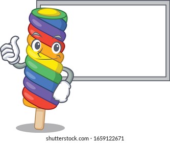 Thumbs up of rainbow ice cream cartoon design having a board