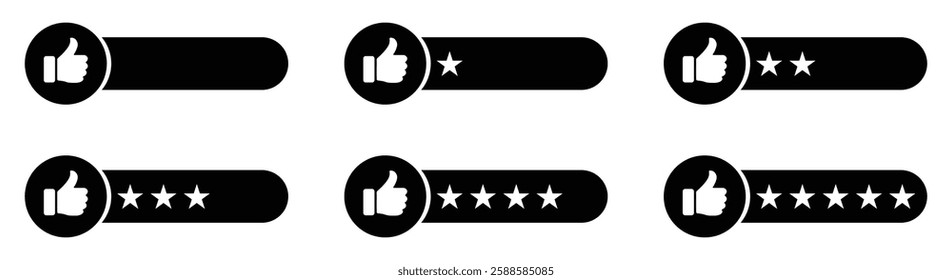 Thumbs up rating bar with star review icons, black and white feedback meter, customer satisfaction and user review system, five-star ranking. 5 stars positive review. Rate icons set. Feedback icon.