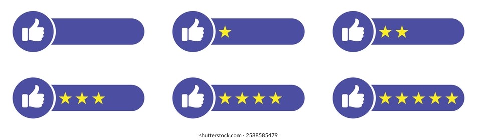 Thumbs up rating bar with yellow stars on blue background, customer feedback and review scale, satisfaction and ranking system UI elements.  Concept of best ranking. Customer review. Good result. 