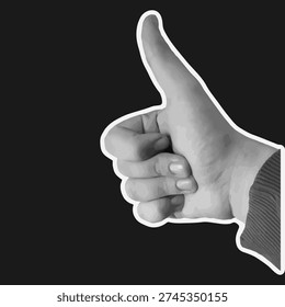 Thumbs up retro halftone human hand gesture. Male hand sign collage element, vector illustration.