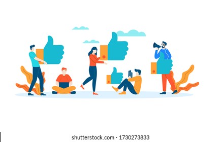 Thumbs Up Review rating people give feedback flat illustration