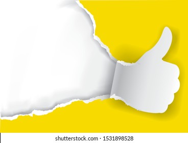 Thumbs up Ripped yellow paper background. 
Paper background with torn thumbs up.Place for your text or image. Usefull as Advertisement template. Vector available. 