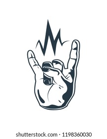 Thumbs up rock and roll sign vector illustration, gesture use in different music festivals, black and white poster with lightning above humans hand