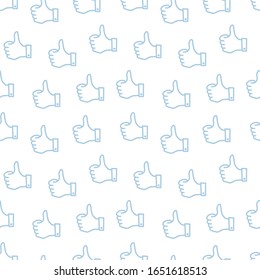 Thumbs up seamless pattern. Best buy. The best choice. Social networking services. Contour light blue line vector.