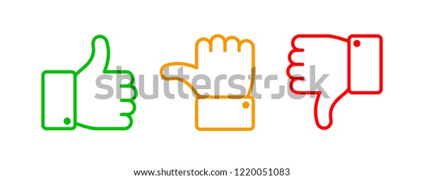 Thumbs up set.\
Green like red dislike and yellow undecided line icons. Thumb up\
and down vector outline hand, like dislike pointing gesture hands\
isolated web buttons\
sign
