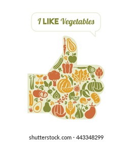 Thumbs up shape composed of fruits and vegetables, healthy eating and organic vegetarian diet concept