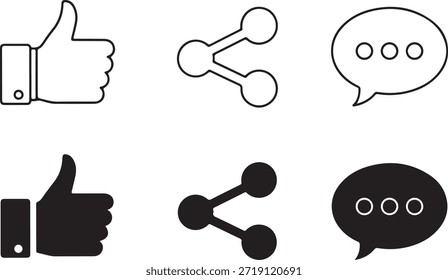 Pulgares hacia arriba compartir y los iconos de la burbuja del discurso como comentario