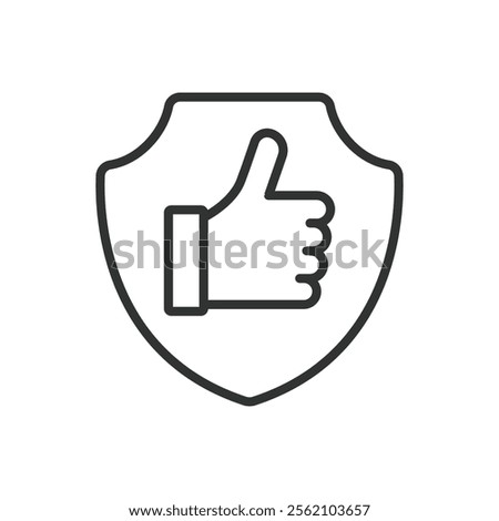 Thumbs up shield, icon in line design. Thumbs up shield, approval, protection, security, safety, trust, shield icon on white background vector. Thumbs up shield editable stroke icon