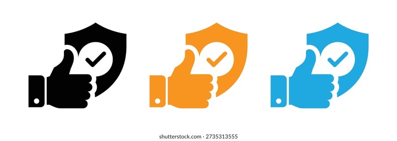 Thumbs up shield icons for security concepts. Line art of a hand giving a thumbs up next to a shield with a checkmark security protection. 