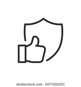 Thumbs up with shield, linear style icon. Symbol for approval, trust, and security. Editable stroke width.