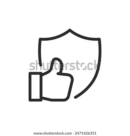 Thumbs up with shield, linear style icon. Symbol for approval, trust, and security. Editable stroke width.