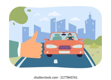 Thumbs up sign in background of road flat vector illustration. Person waiting for car and hitchhiking. Transport, tourism, trip, vehicle concept for banner, website design or landing web page