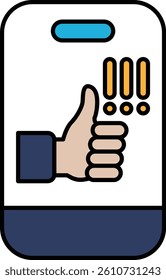 A thumbs up sign with an exclamation point on it. The thumbs up sign is used to indicate approval or agreement. The exclamation point adds emphasis to the thumbs up sign, making it more noticeable