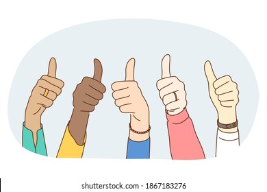 Thumbs up sign, Gesture hand language concept. Hands of mixed race people showing thumbs up luck positive sign with fingers. Teamwork, mutual support, unity, friendship illustration 