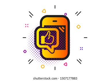 Thumbs up sign. Halftone circles pattern. Mobile like icon. Positive feedback symbol. Classic flat mobile like icon. Vector