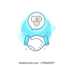 Dreh das Schild hoch. Handshake handeln komplexe Symbol. Social Media mag Zeilensymbol. Positives Lächeln-Feedback-Symbol. Vereinbarung, die Hand zittert Banner. Gefällt Ihnen. Vektorgrafik