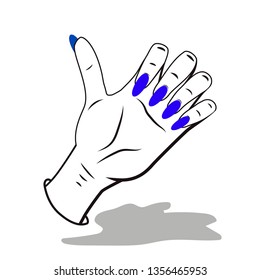 Thumbs up sign. Manicured hand with blue coloured nails. Vector graphic.