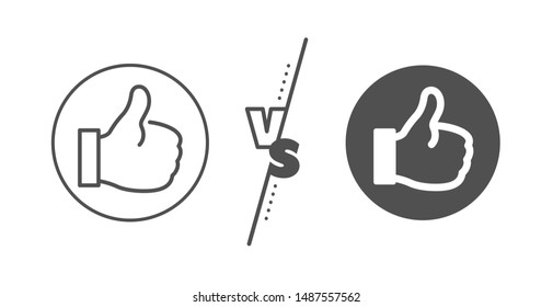 Thumbs up sign. Versus concept. Like line icon. Positive feedback, social media symbol. Line vs classic like icon. Vector