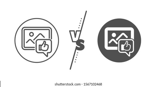 Thumbs up sign. Versus concept. Like photo line icon. Positive feedback, social media symbol. Line vs classic like photo icon. Vector
