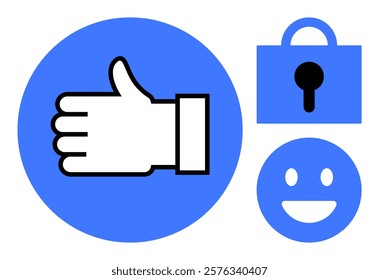 Thumbs up sign within blue circle, lock icon, and happy face symbol. Ideal for social media, security, positive vibes, communication, and internet themes. Simple vector design, blue and white colors