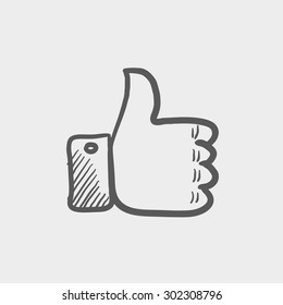 Thumbs up sketch icon for web and mobile. Hand drawn vector dark grey icon on light grey background.