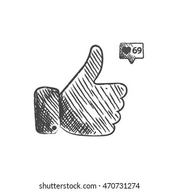 Thumbs up sketch icon for web and mobile. Hand drawn vector dark grey icon on light grey background.