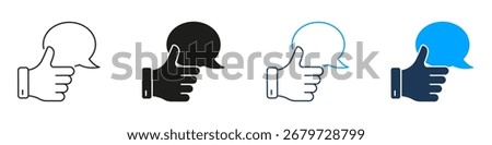 Thumbs Up With Speech Bubble Line And Solid Icon Set. Positive Feedback, Approval Comment Symbol Collection. Social Media Interaction. Isolated Vector Illustration.