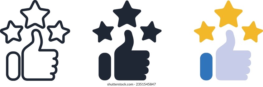 Thumbs up with star icons set. 
Best quality icon. Like symbol collection. Thumb up flat and outline signs. Review. Great choice icon. 
