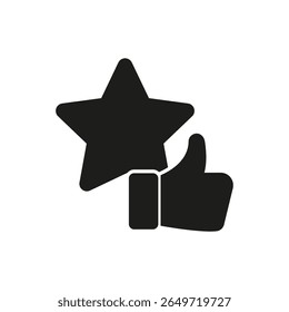 Thumbs Up With Star Solid Icon. Approval Rating, Positive Feedback, And Quality Endorsement Silhouette Symbol. User Satisfaction And Excellence Recognition. Isolated Vector Illustration.