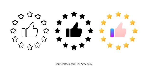 Thumbs up and stars. Different styles, color, star ratings, thumbs up, app rating. Vector icons